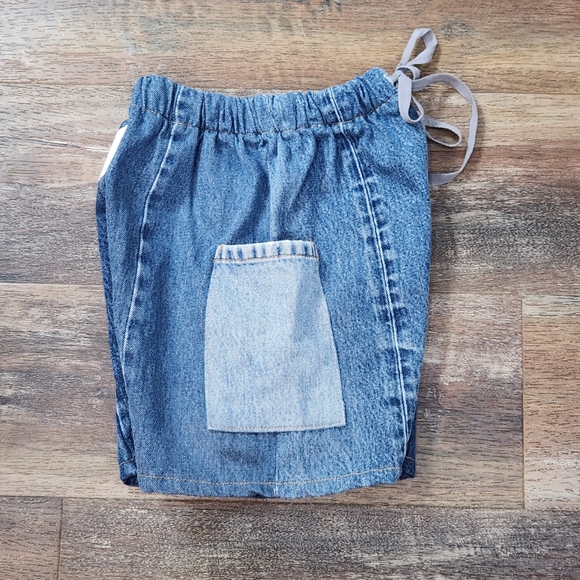 NWOT Parke Patchwork Denim Blue Jean High-Waisted Drawstring Pocket Shorts - Picture 5 of 5